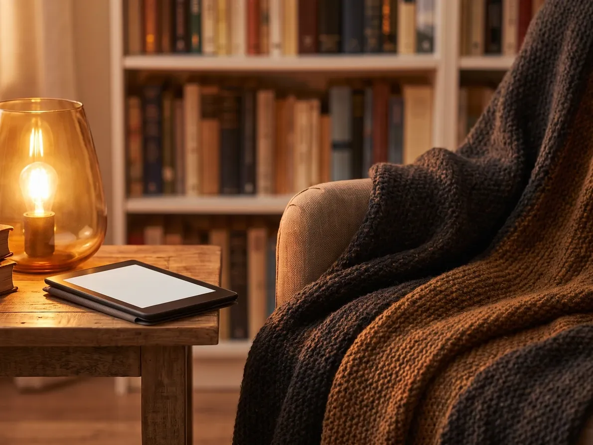 Leitor de e-books numa mesinha ao lado de livros e um abajur aceso