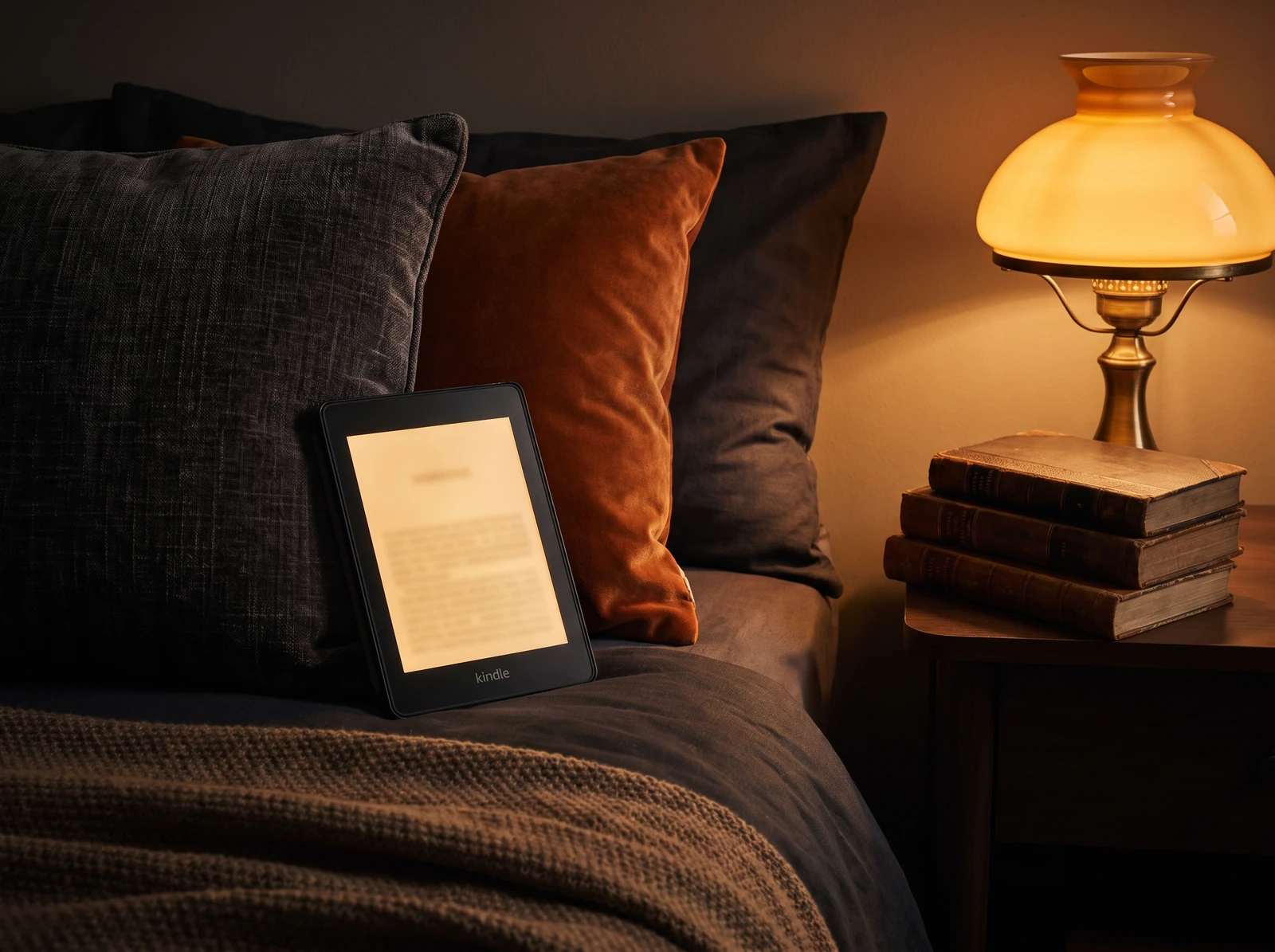 Leitor de e-books apoiado nos travesseiros ao lado de um abajur aceso