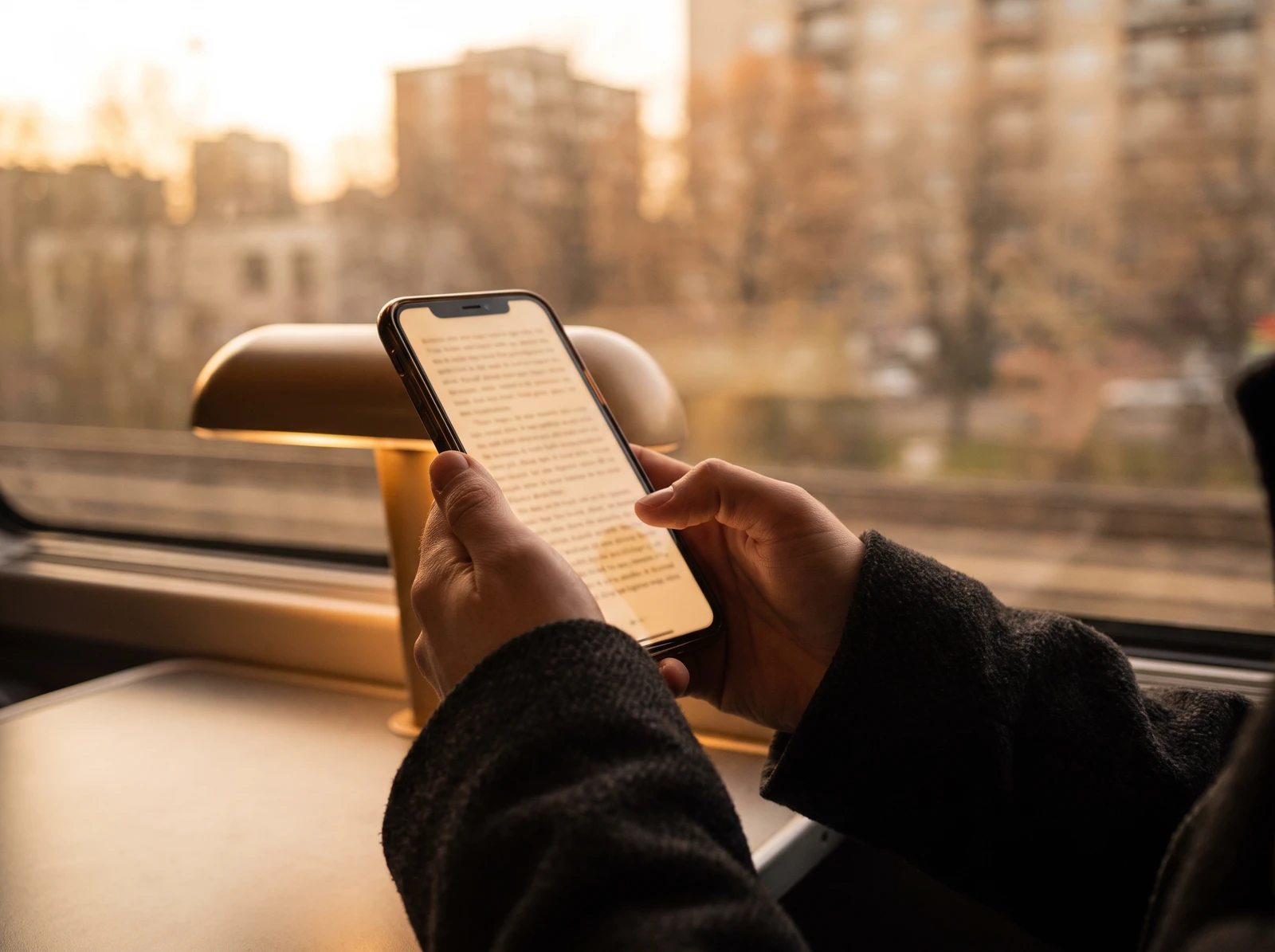 Mãos segurando um celular com um e-book aberto ao lado da janela do ônibus